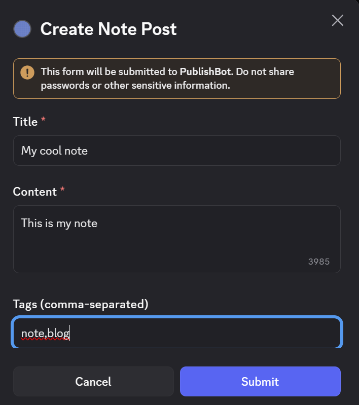 A modal in discord with note post fields filled in