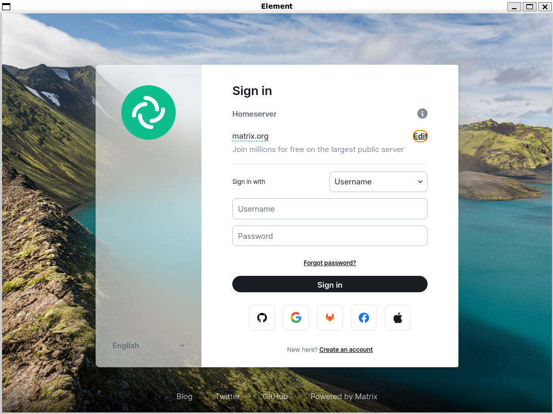 Screenshot of Element Desktop Login Screen