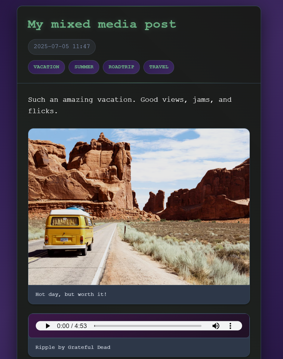 A screenshot of a website post containing an image and audio player