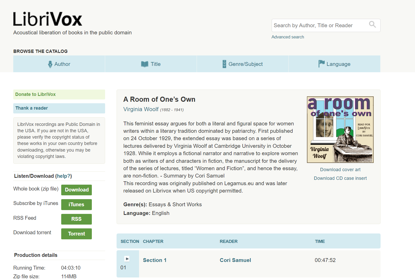 A Room of One's Own by Virginia Woolf LibriVox book page