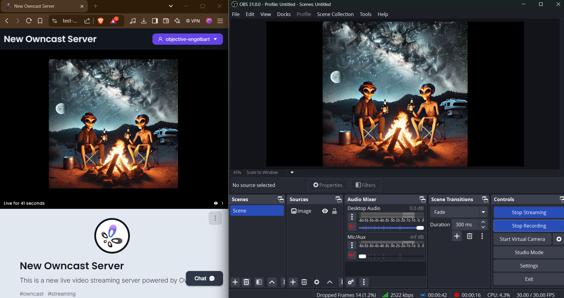 AI Generated image of two aliens enjoying a beer in the middle of the desert by a campfire on a starry night