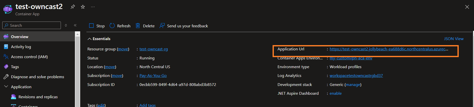 Screenshot of Azure Container Apps resource in Azure Portal highlighting Application URL