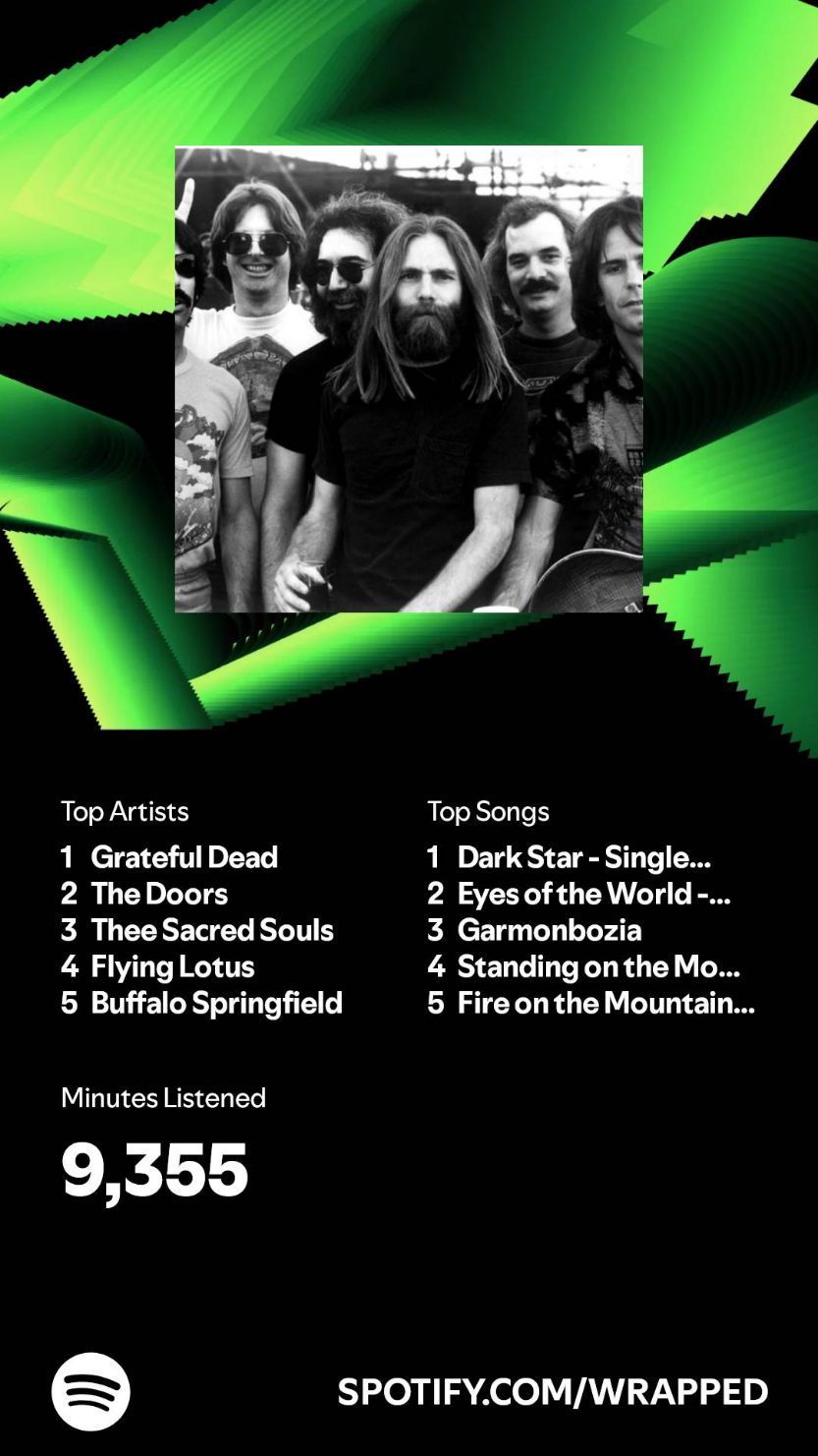 Spotify Wrapped Screenshot Summary of top artists, songs, and listening minutes