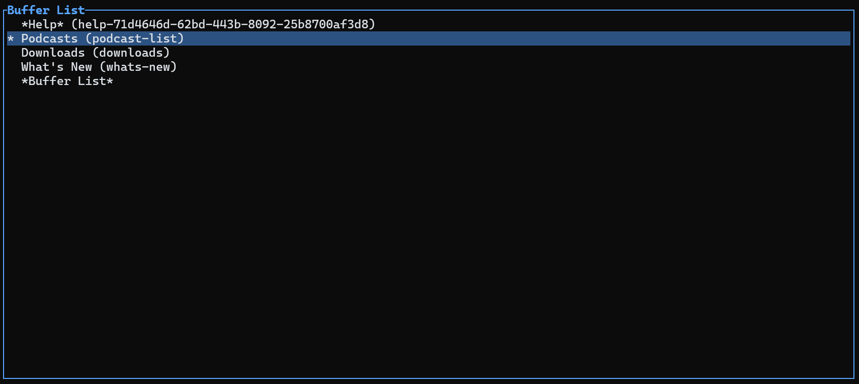 Buffer List menu showing navigation options: Help, Podcasts, Downloads, What's New