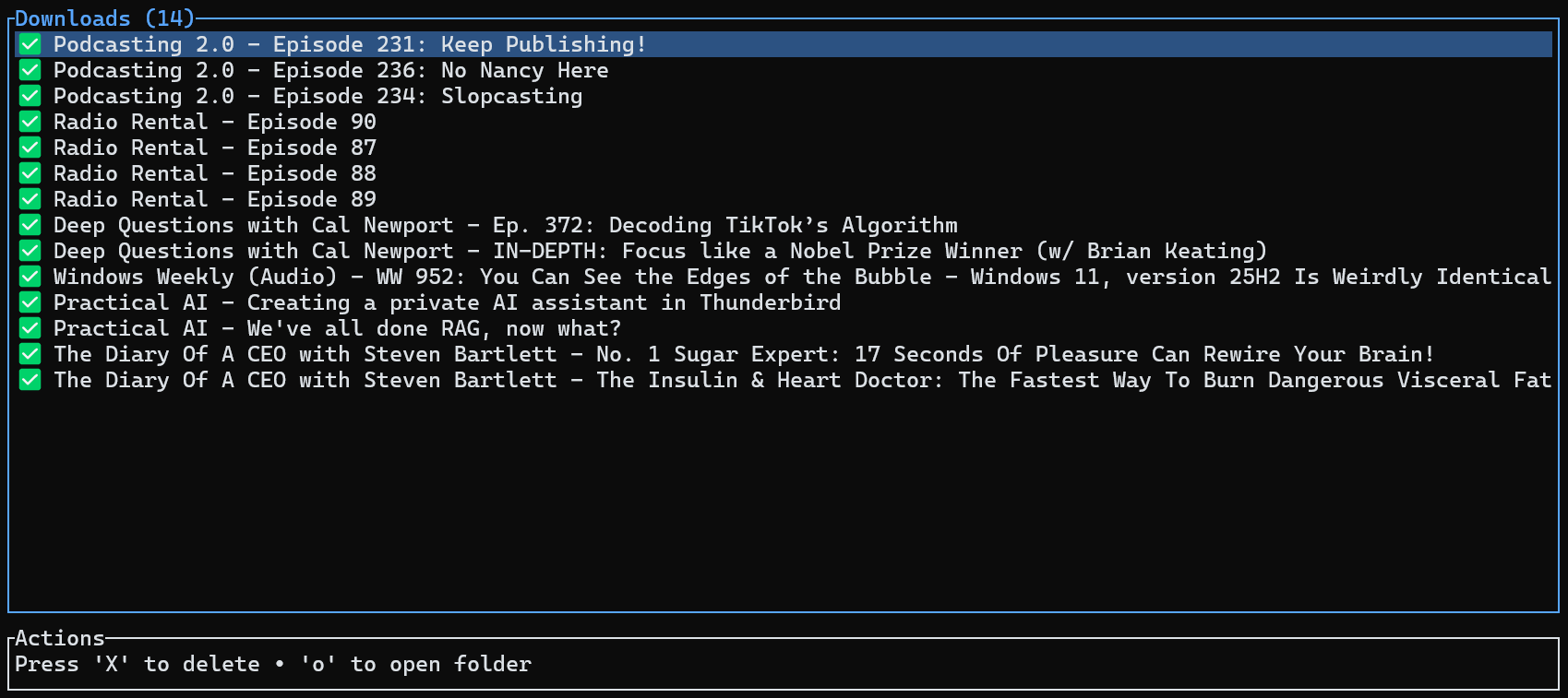 Downloads screen showing 14 downloaded podcast episodes with checkmarks