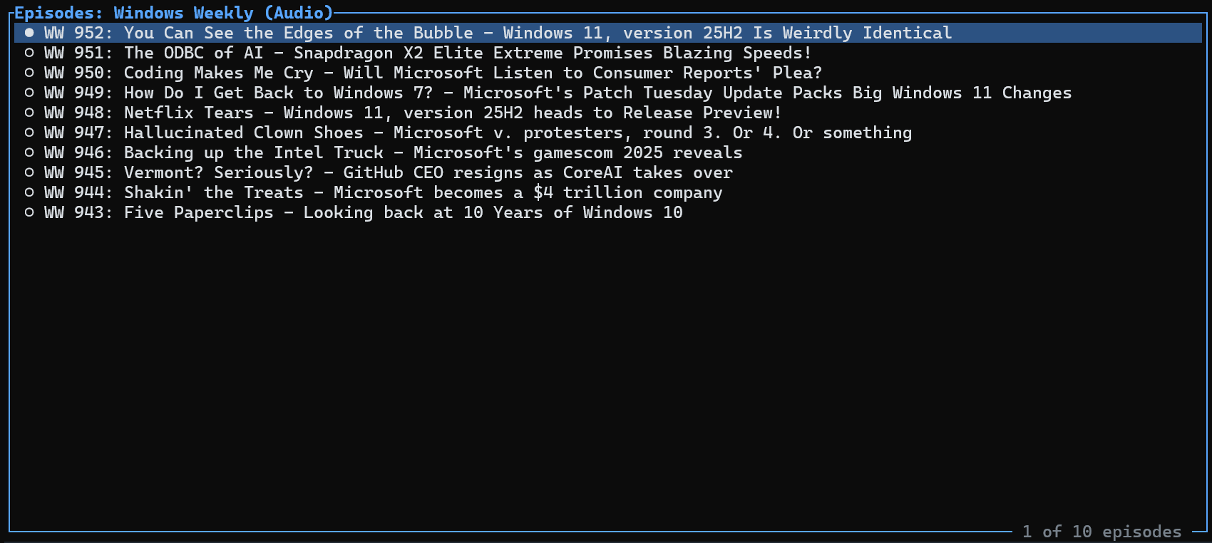 List of 10 Windows Weekly podcast episodes with titles and publication dates