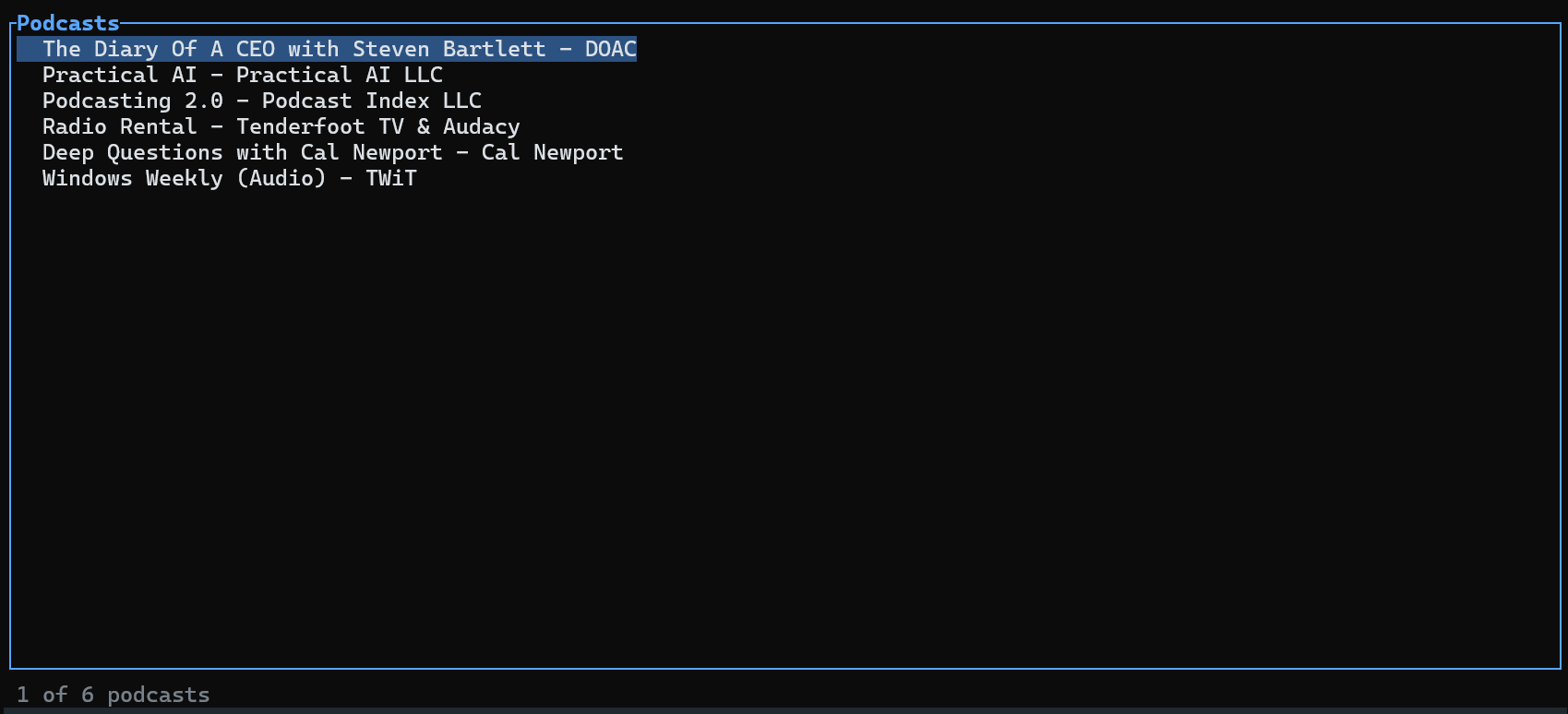Podcasts screen displaying 6 subscribed podcasts with their full names
