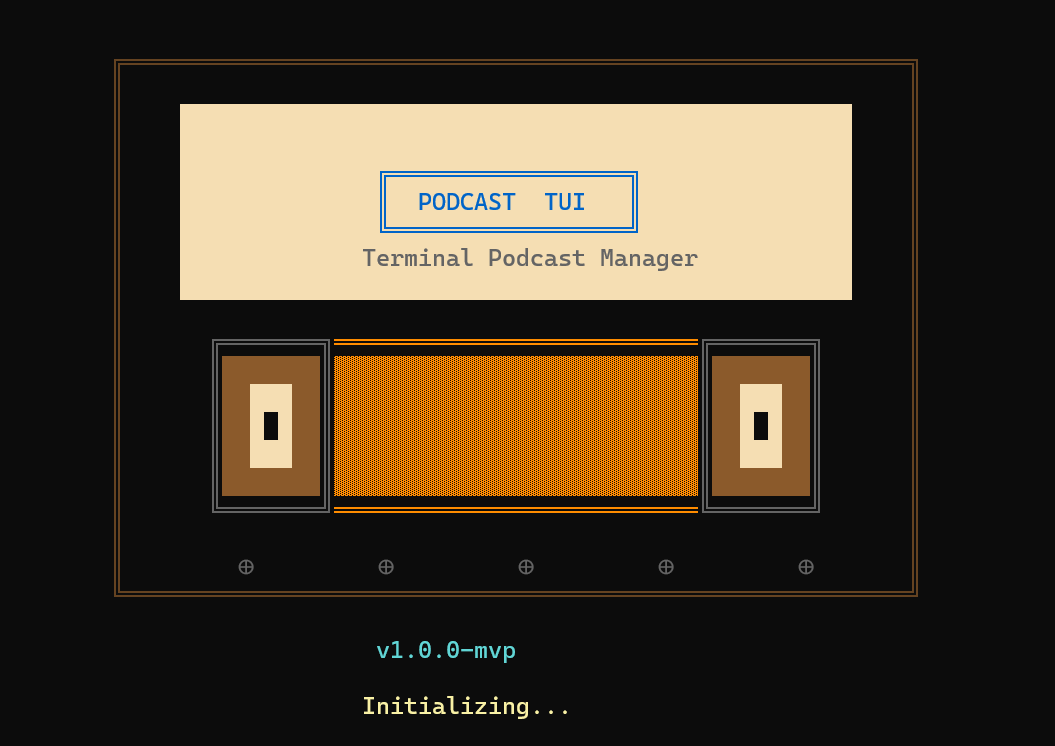Podcast TUI v1.0.0-mvp initialization screen with retro terminal design
